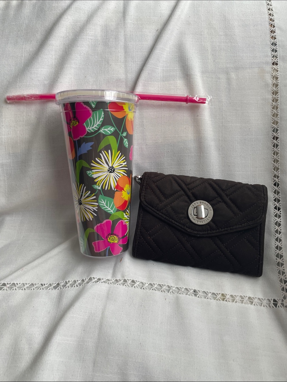 Vera Bradley Jazzy Blooms Tumbler NWT & Brown wristlet GUC